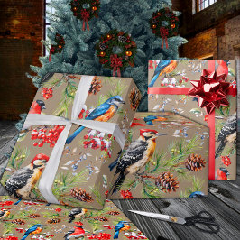 Winter Vogels Pijnboomkegels & Rode bessen Vakanti Cadeaupapier