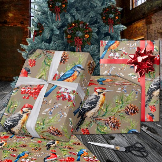 Winter Vogels Pijnboomkegels & Rode bessen Vakanti Cadeaupapier