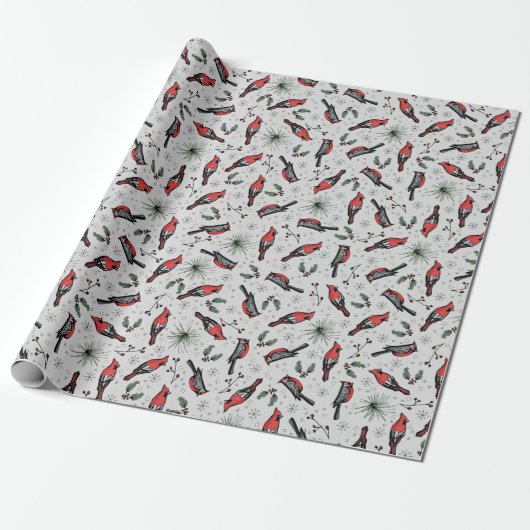 Winter Vogels Rode Kardinaal, Pine en bessen Cadeaupapier (Uitgerold)