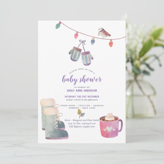 Winter Volkskunst Baby Shower Uitnodiging Paarsbla (Staand voorkant)