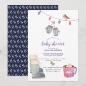 Winter Volkskunst Baby Shower Uitnodiging Paarsbla (Voorkant / Achterkant)