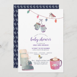Winter Volkskunst Baby Shower Uitnodiging Paarsbla