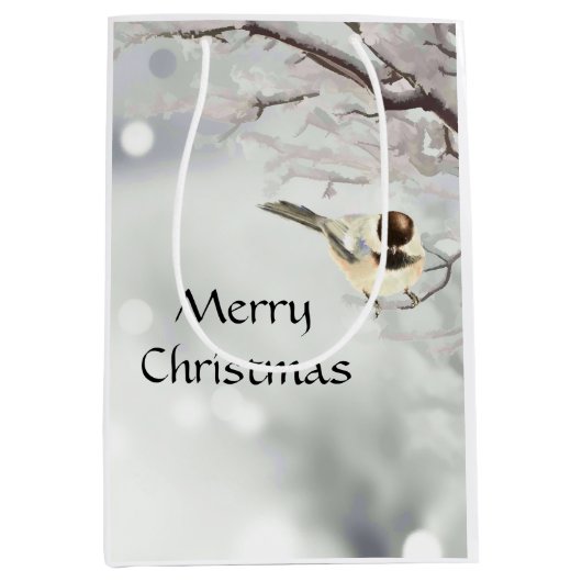 Winter Vorstige Boom Mees Vogel Kerstmis Medium Cadeauzakje (Voorkant)