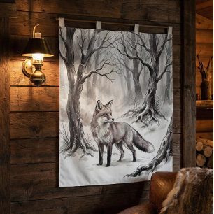 Winter Vos Tapijt   Besneeuwd Bos Kunst Wandkleed
