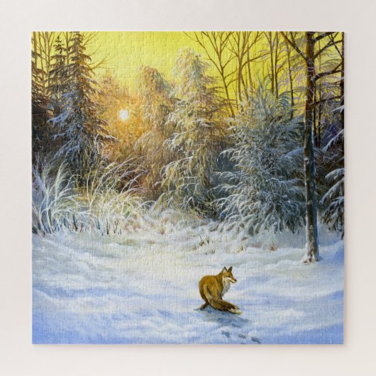 Winter Vos Zonsondergang Landschap. Legpuzzel (Verticaal)