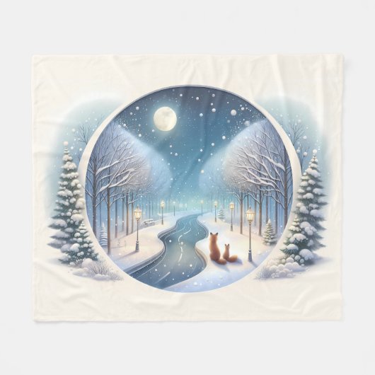 Winter Vossen bij Maanverlichte Besneeuwde Rivier Fleece Deken (Voorkant (Horizontaal))