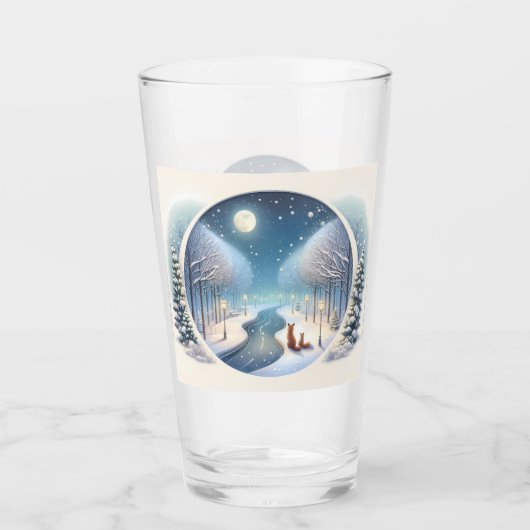 Winter Vossen bij Maanverlichte Besneeuwde Rivier Glas (Voorkant)