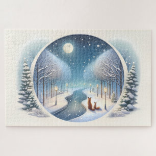 Winter Vossen bij Maanverlichte Besneeuwde Rivier Legpuzzel