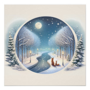 Winter Vossen bij Maanverlichte Besneeuwde Rivier Perfect Poster