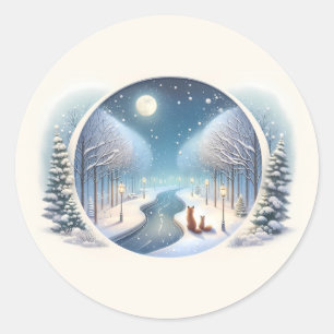 Winter Vossen bij Maanverlichte Besneeuwde Rivier Ronde Sticker