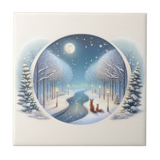 Winter Vossen bij Maanverlichte Besneeuwde Rivier Tegeltje (Voorkant)