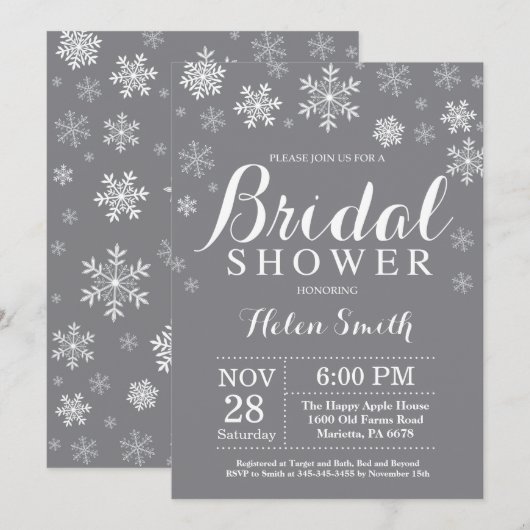 Winter Vrijgezellenfeest Snowflake Invitation Grey Kaart (Voorkant / Achterkant)