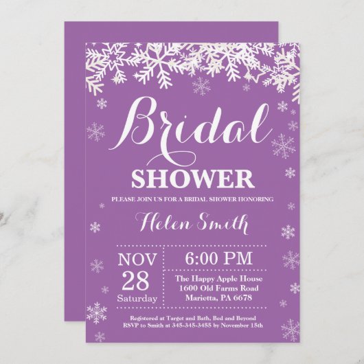Winter Vrijgezellenfeest Snowflake Paarse uitnodig Kaart (Voorkant / Achterkant)