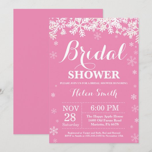 Winter Vrijgezellenfeest Snowflake Roze uitnodigin Kaart (Voorkant / Achterkant)