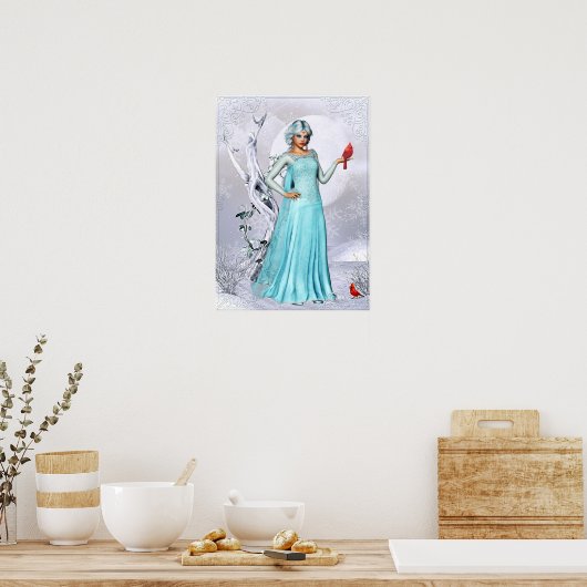 Winter Vrouw met kardinaal vogelschild Poster (Keuken)