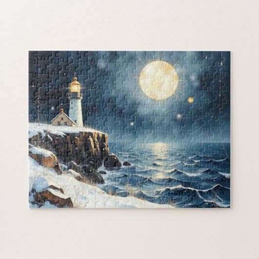 winter vuurtoren geschilderd legpuzzel (Horizontaal)