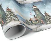 Winter Vuurtoren Nautische Strand Kerstvakantie Cadeaupapier (Rol Hoek)