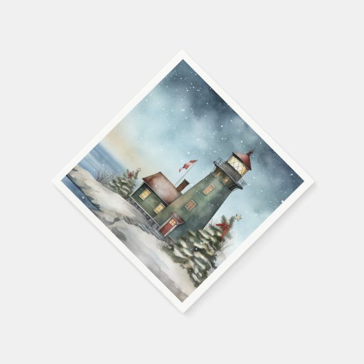 Winter Vuurtoren Nautische Strand Kerstvakantie Servet (Hoek)