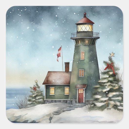 Winter Vuurtoren Nautische Strand Kerstvakantie Vierkante Sticker (Voorkant)