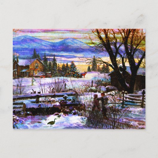 Winter Walk Home Boy Girl & Dog Briefkaart (Voorkant)