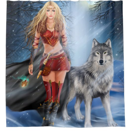 Winter Warrior Princess en wolf Shower Curtain Douchegordijn (Voorkant)