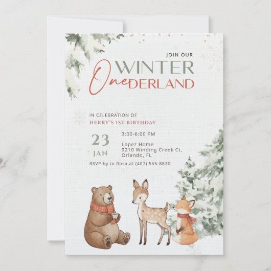 Winter Watercolor Animal Onederland First Birthday Kaart (Voorkant)