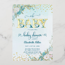 Winter Watercolor Blauwe Bloemen Baby Shower Folie Uitnodiging