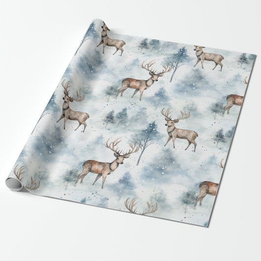 Winter Watercolor Bos Herten (5) Cadeaupapier (Uitgerold)