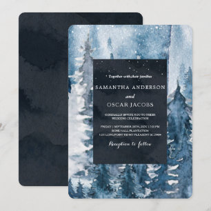 Winter Watercolor Bos & Marineblauw & Witte Uitnod Kaart