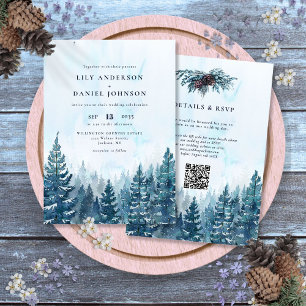 Winter Watercolor Dennnenbos QR Code Trouwen Kaart