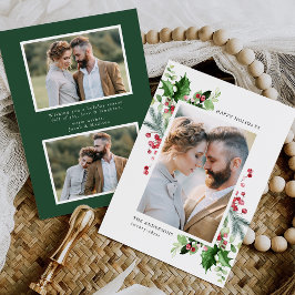 Winter Watercolor Hulstbessen & Groene Tinten 3 Fo Feestdagenkaart