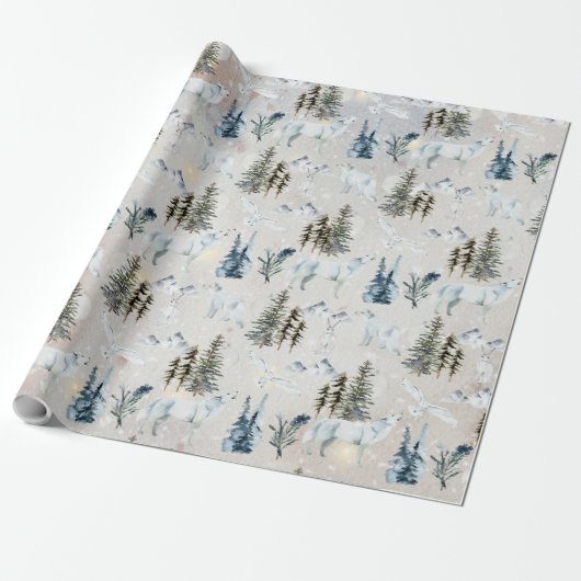Winter Waterverf Arctic Hare Wolf Fox Snowy Owl 2 Cadeaupapier (Uitgerold)