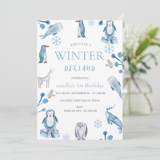 Winter Waterverf Arctische Dieren 1e Verjaardag In Kaart (Staand voorkant)