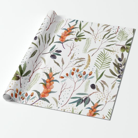 Winter Waterverf Berries Patroon Cadeaupapier (Uitgerold)