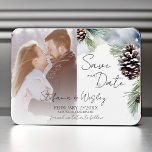 Winter waterverf besneeuwde dennen foto opslaan va magneet<br><div class="desc">Winter waterverf besneeuwde dennen foto bewaar de datum bewerkbare magneet. Sneeuwrijke dennen met dennenappels gedempte Scandinavische winterkleuren</div>