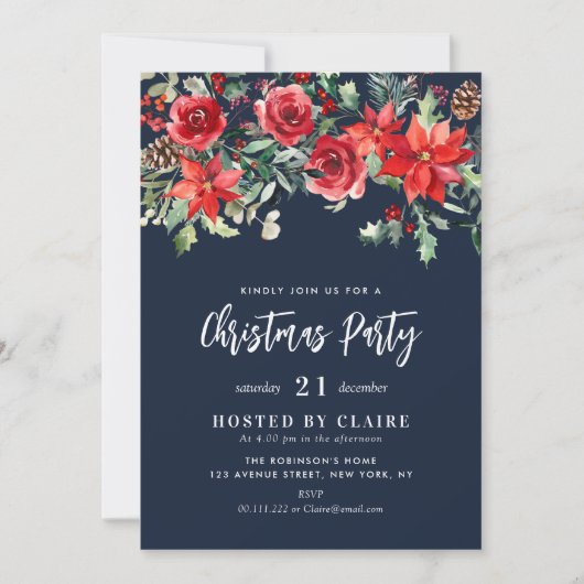 Winter waterverf bloemenmarine blauw kerstfeest kaart (Voorkant)