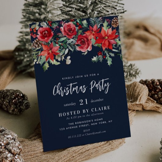 Winter waterverf bloemenmarine blauw kerstfeest kaart