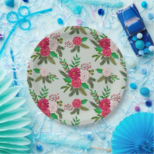 Winter Waterverf bloemenpatroon op lichtgroen Papieren Bordje (Feest)