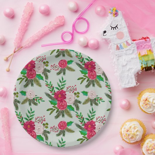 Winter Waterverf bloemenpatroon op lichtgroen Papieren Bordje (Feest)