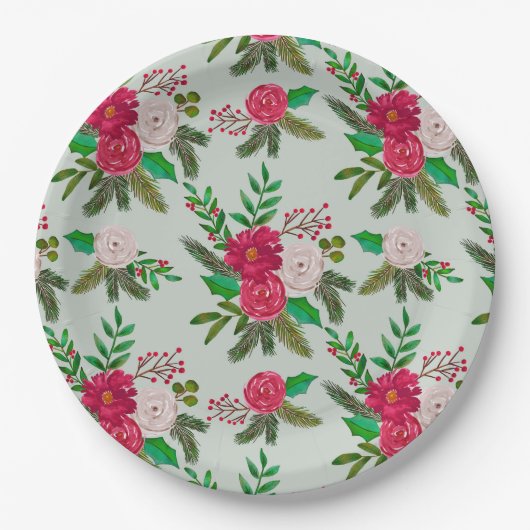 Winter Waterverf bloemenpatroon op lichtgroen Papieren Bordje (Voorkant)