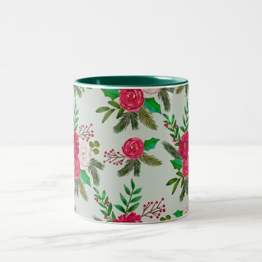 Winter Waterverf bloemenpatroon op lichtgroen Tweekleurige Koffiemok (Center)