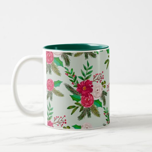 Winter Waterverf bloemenpatroon op lichtgroen Tweekleurige Koffiemok (Links)