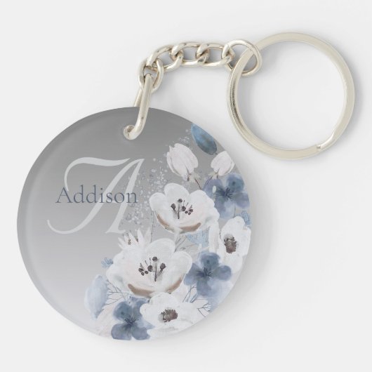 Winter Waterverf Bloemmonogram gepersonaliseerd Sleutelhanger (Achterkant)