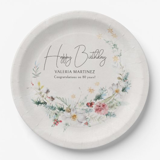 Winter Waterverf Bloemsneeuwvlok 80e Verjaardag Papieren Bordje (Voorkant)