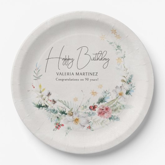 Winter Waterverf Bloemsneeuwvlok 90ste Verjaardag Papieren Bordje (Voorkant)