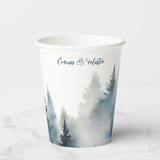 Winter Waterverf Blue Pine Trees Forest Wedding Papieren Bekers (Achterkant)
