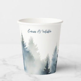 Winter Waterverf Blue Pine Trees Forest Wedding Papieren Bekers