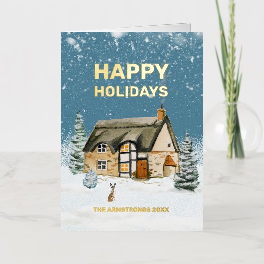 Winter Waterverf Boerderij Familiefoto Folie Feestdagenkaart (Voorkant)