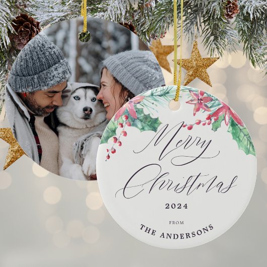 Winter Waterverf Botanicals Foto Vrolijk Kerstfees Keramisch Ornament