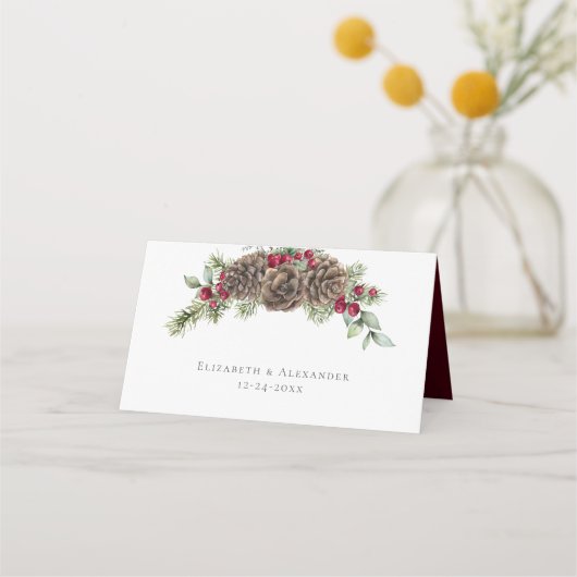 Winter Waterverf Botanische dennenappel bruiloft Plaatskaartje (Achterkant)